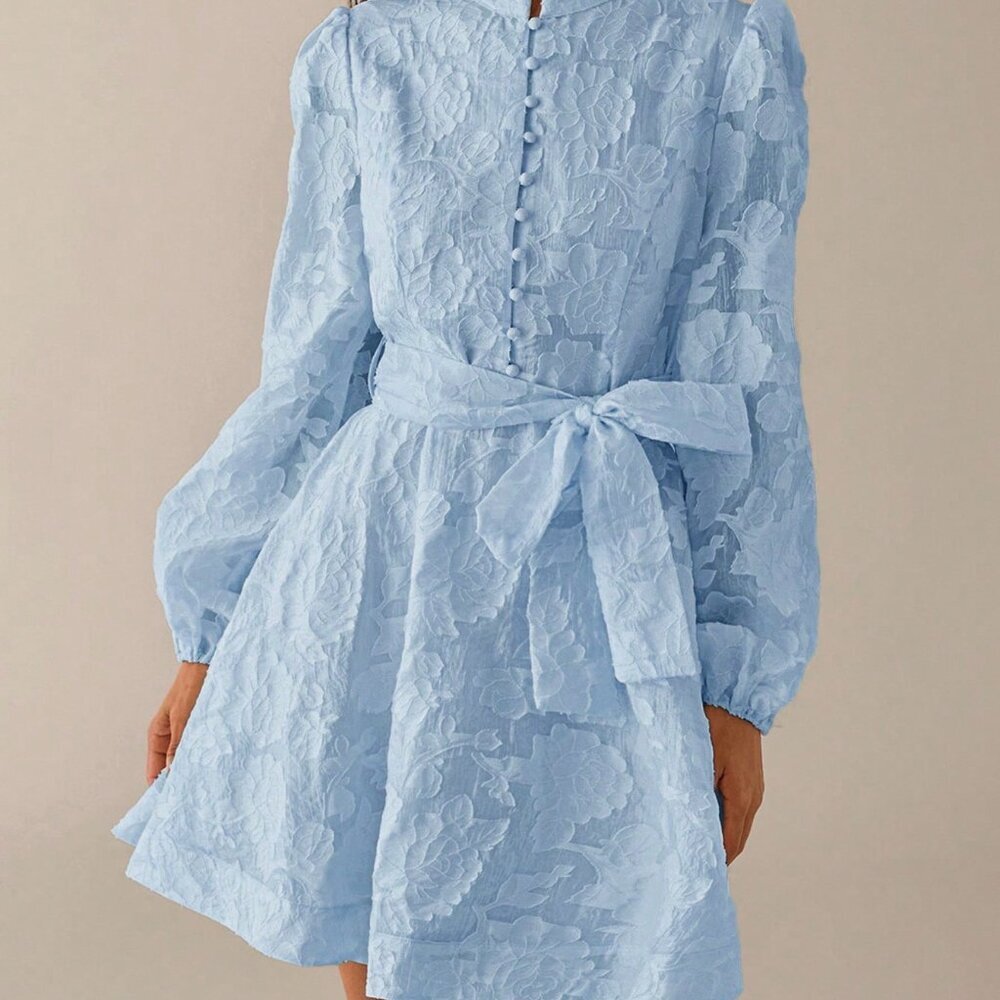 Baby Blue Elegant Women's A-Line Puff Sleeve Short Dress with Stand Collar - Picture 3 of 7